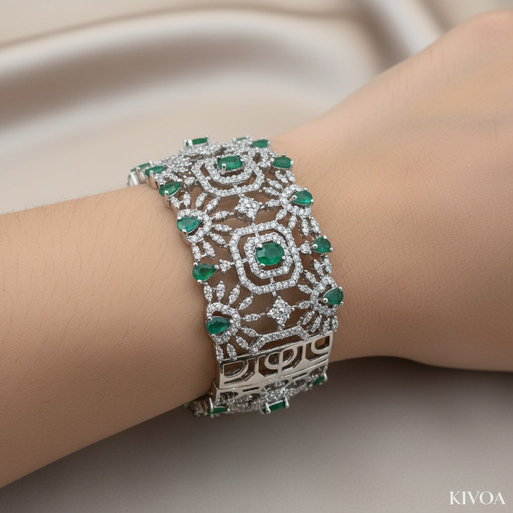 Emerald & Diamond White Gold Plated Cuff Bracelet | Statement Jewellery for Her