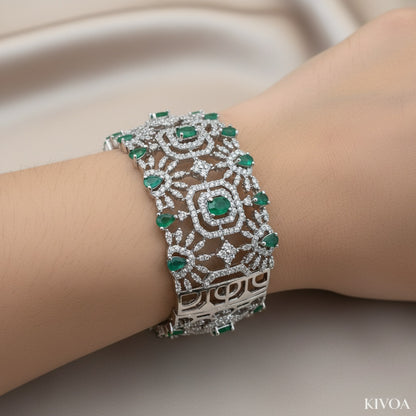 Emerald & Diamond White Gold Plated Cuff Bracelet | Statement Jewellery for Her
