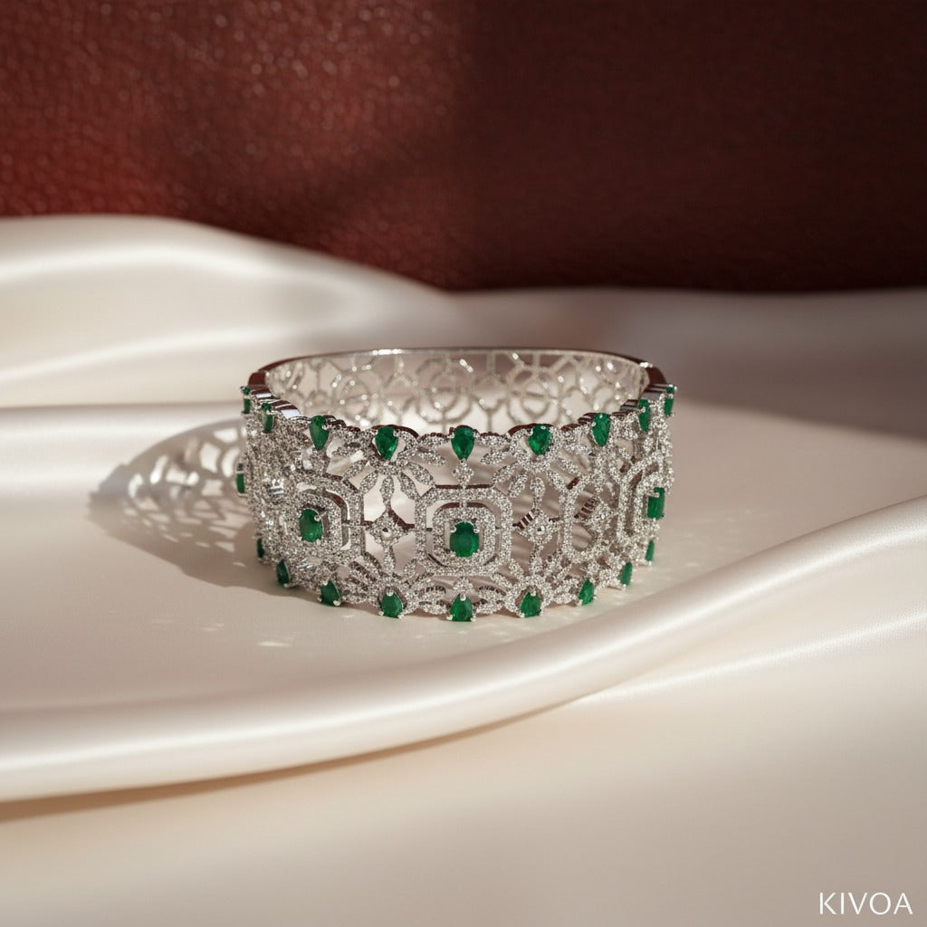 Emerald & Diamond White Gold Plated Cuff Bracelet | Statement Jewellery for Her