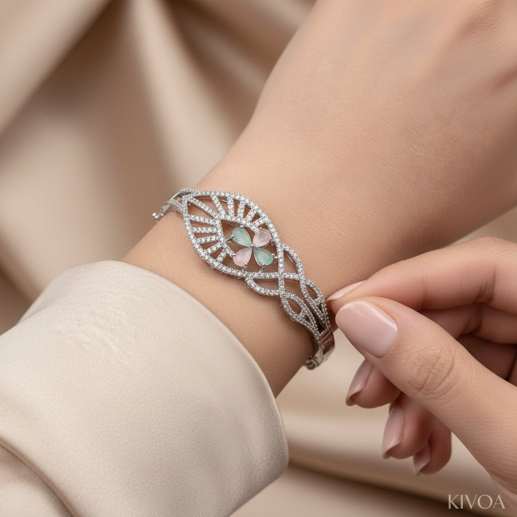 KIVOA Sterling Silver Cubic Zirconia Cuff Bracelet with Pastel Gemstones