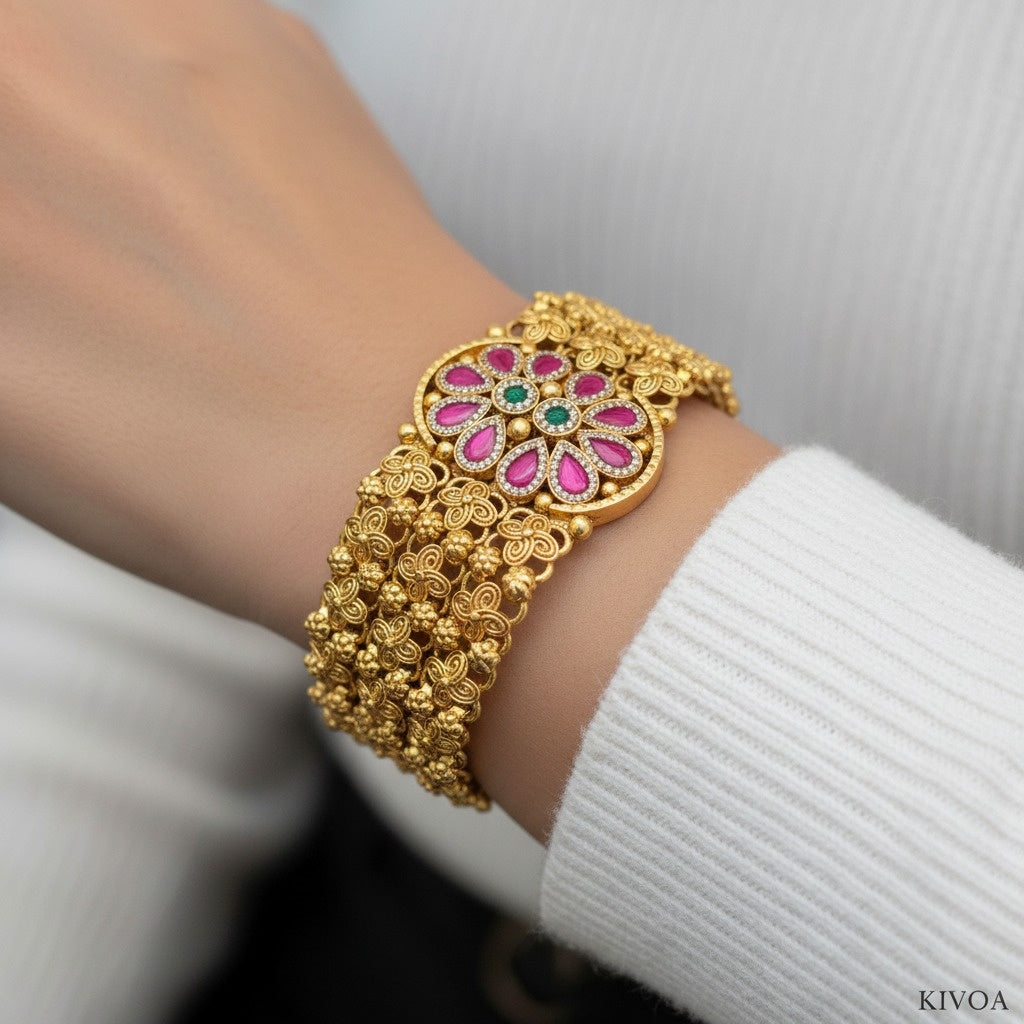 Kivoa 22K Gold Plated Antique Broad Bracelet with Ruby & Emerald Stones
