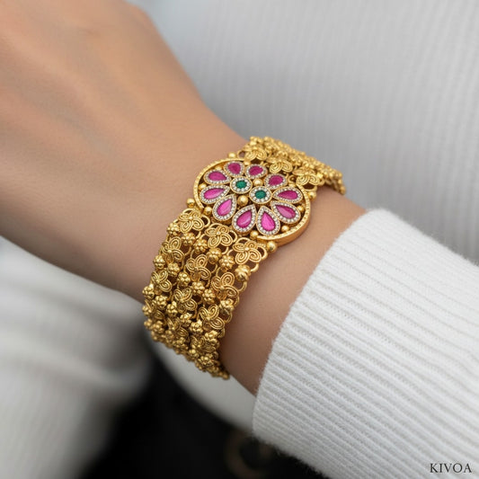 Kivoa 22K Gold Plated Antique Broad Bracelet with Ruby & Emerald Stones