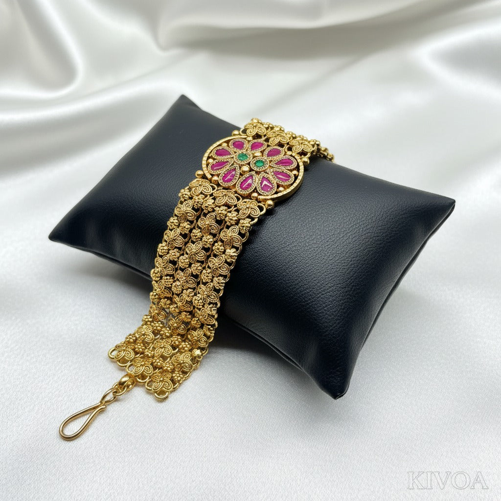 Kivoa 22K Gold Plated Antique Broad Bracelet with Ruby & Emerald Stones