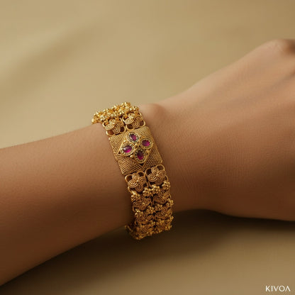 Ornate Gold-Plated Ruby Flower Motif Broad Bracelet - Traditional Indian Kada