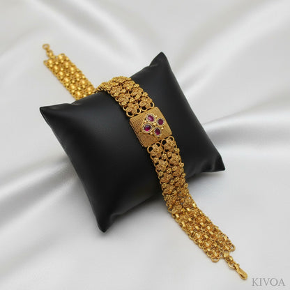 Ornate Gold-Plated Ruby Flower Motif Broad Bracelet - Traditional Indian Kada