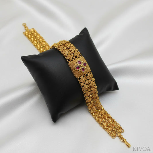Ornate Gold-Plated Ruby Flower Motif Broad Bracelet - Traditional Indian Kada