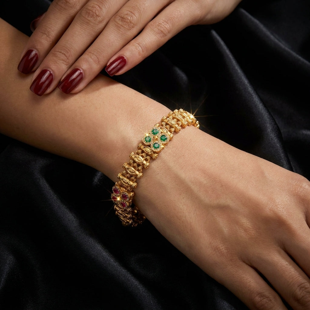 Antique Gold Ruby & Emerald Floral Link Bracelet