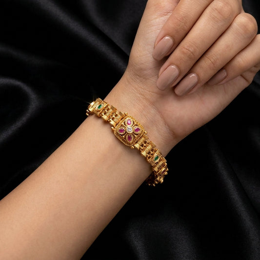 Antique Gold Floral Bracelet with Ruby and Emerald Gems