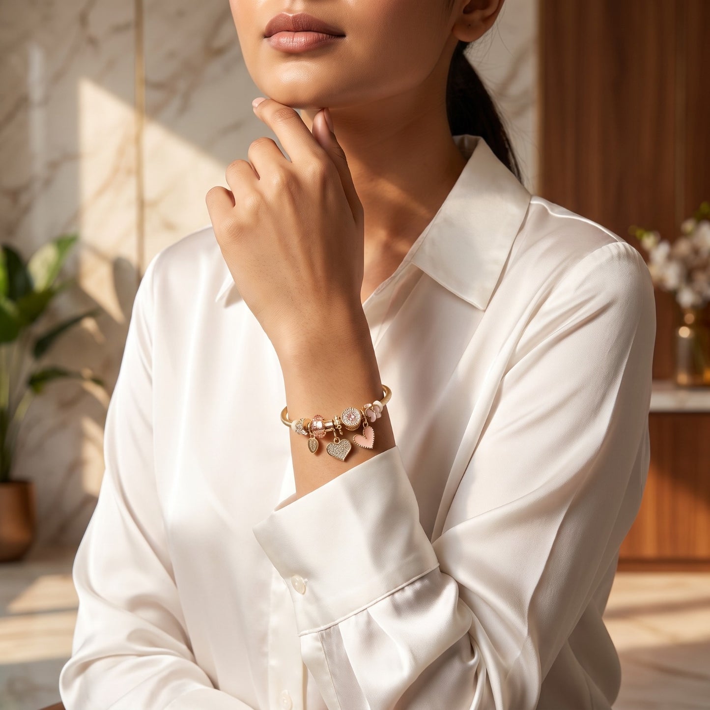 Gold Charm Bangle Bracelet with Pink & Crystal Hearts