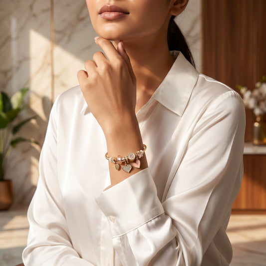 Gold Charm Bangle Bracelet with Pink & Crystal Hearts