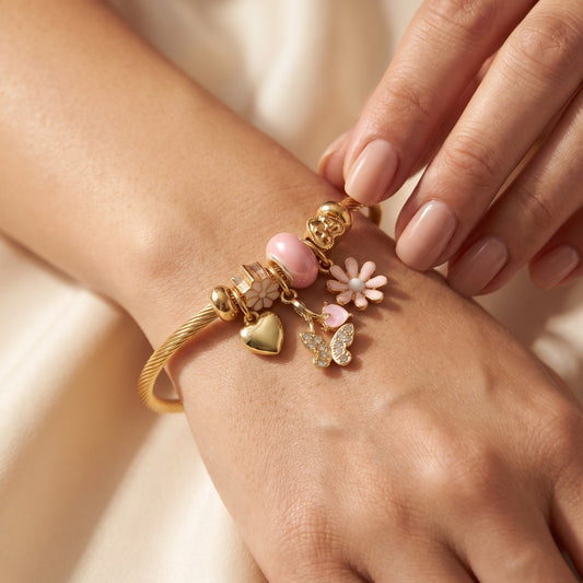 Enchanting Gold Charm Bracelet: Butterfly, Heart & Flowers