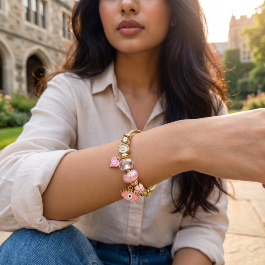 Gold Charm Bracelet with Whimsical Pink Evil Eye & Heart Charms