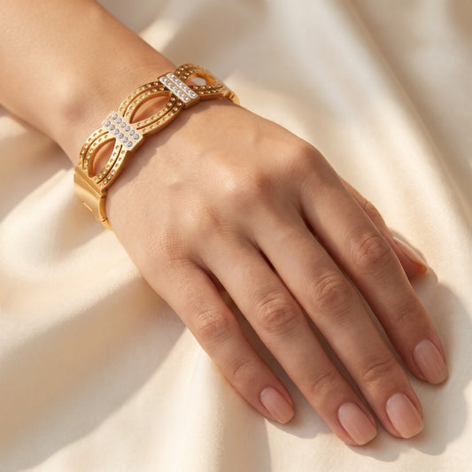 Luxurious Gold-Plated Bangle Bracelet with Stone-Studded Openwork Design