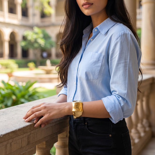 Statement Gold Wide Cuff Bracelet with Sculpted Liquid Texture