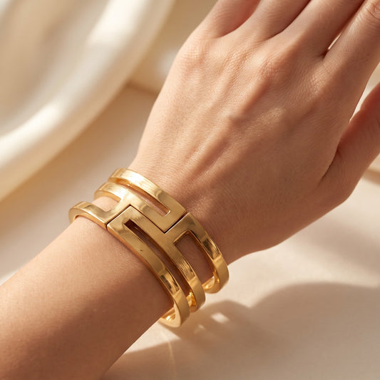 Gold Geometric Greek Key Cut-Out Cuff Bracelet