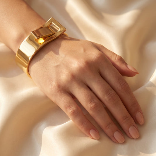 Luxurious Polished Gold Buckle Wide Cuff Bracelet