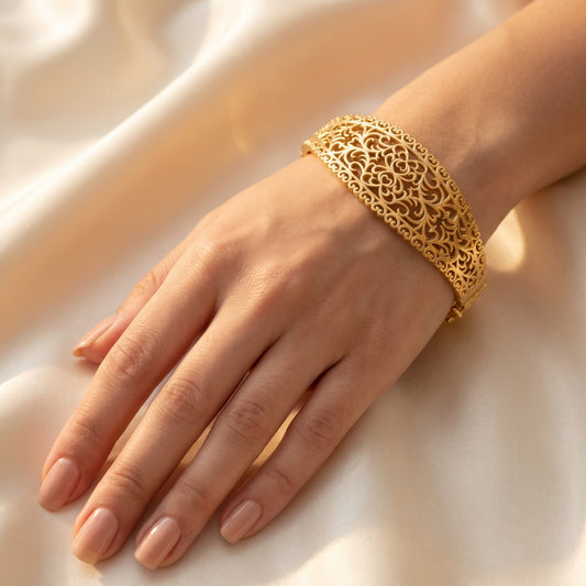 Luxurious Gold Filigree Wide Cuff Bangle Bracelet