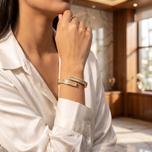Modern Geometric Gold Tone Pave Diamond Wrap Cuff Bracelet