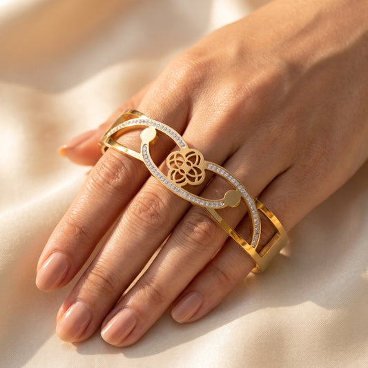 Gold Plated Diamond Clover Palm Cuff Bracelet