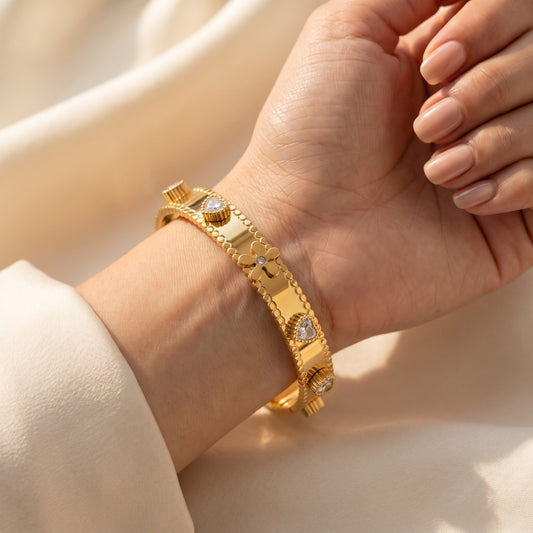 Gold Plated Clover and Heart CZ Bangle Bracelet