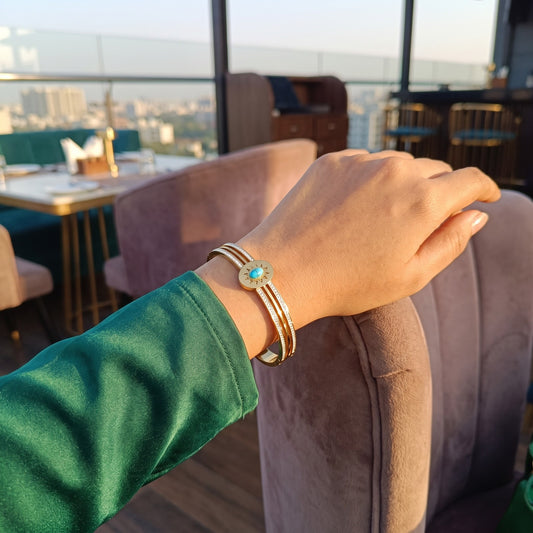 Turquoise Evil Eye Gold Cuff Bracelet with Pavé Crystal Details