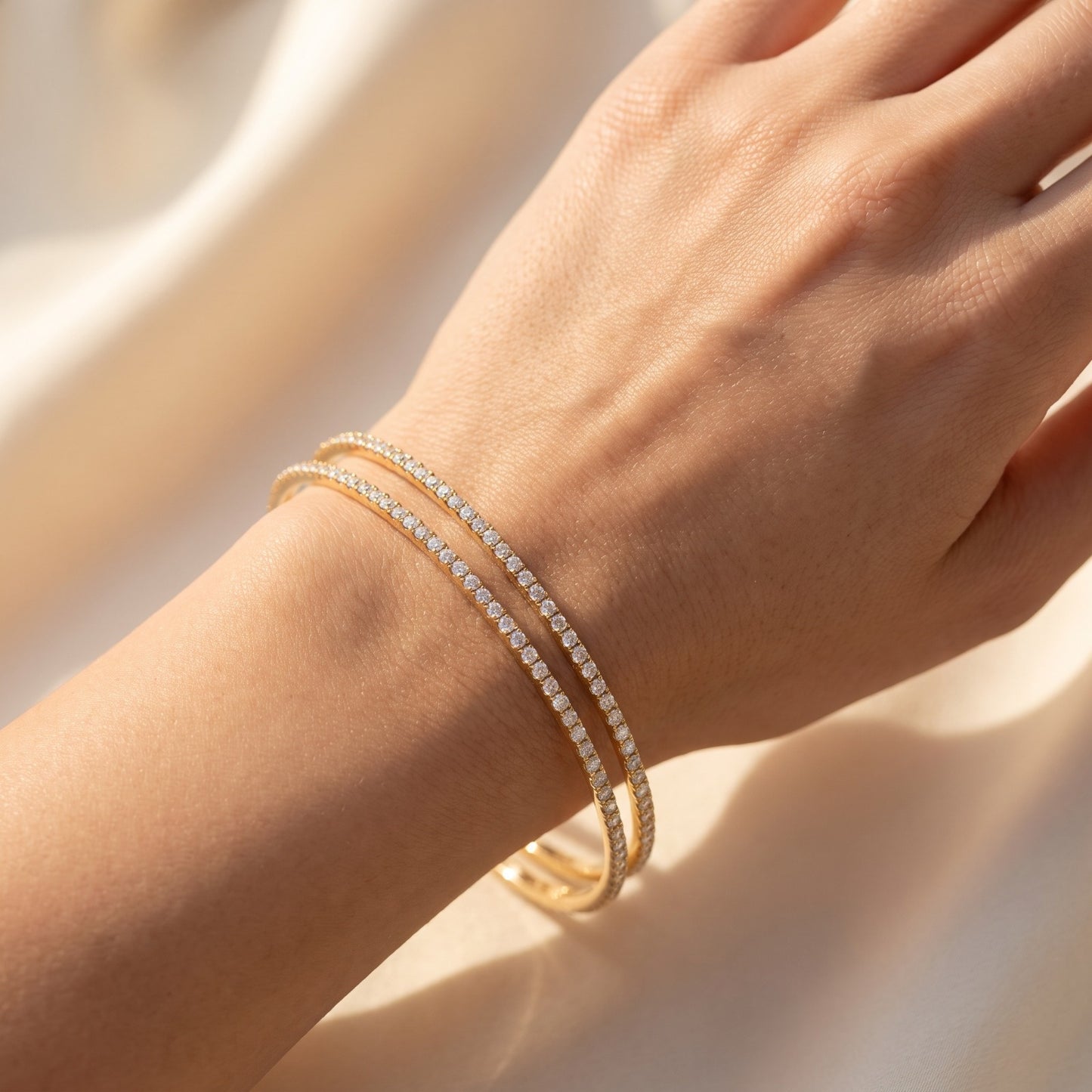 Elegant Gold-Plated CZ Diamond Tennis Bangle Duo
