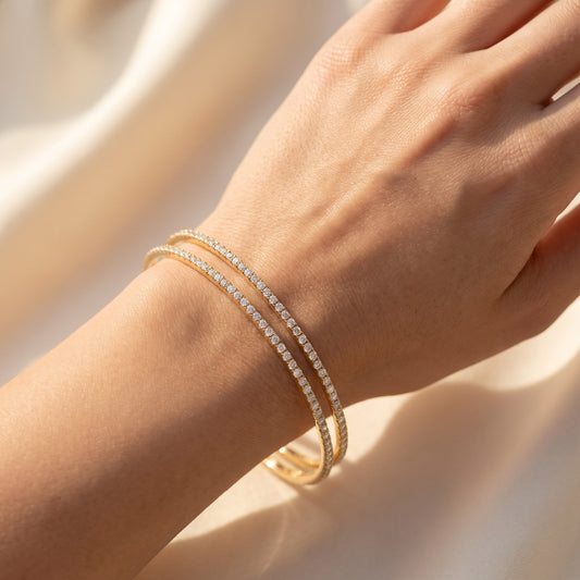 Elegant Gold-Plated CZ Diamond Tennis Bangle Duo