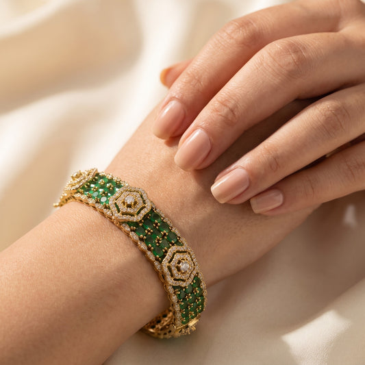 Royal Emerald Green and CZ Diamond Gold Tone Bangle Bracelet