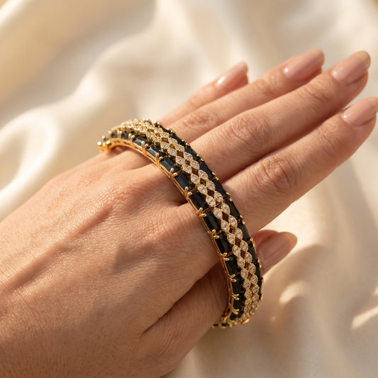 Luxurious Gold & Black Stone Pave Bangle Bracelet