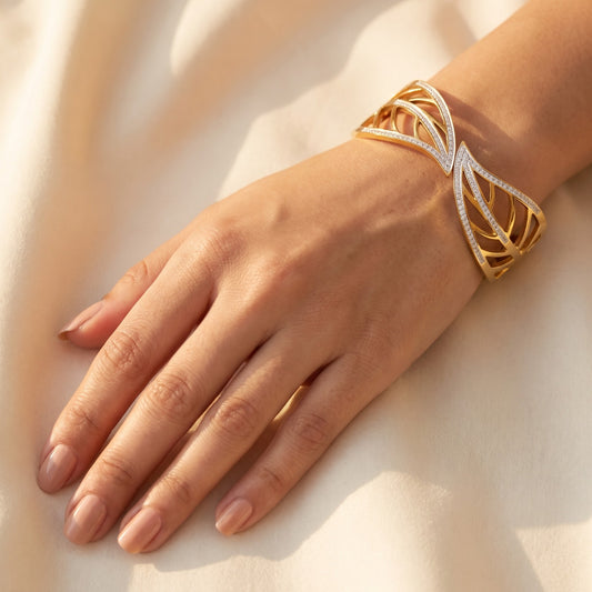 Elegant Gold Feather Cuff Bracelet with Pave CZ Details