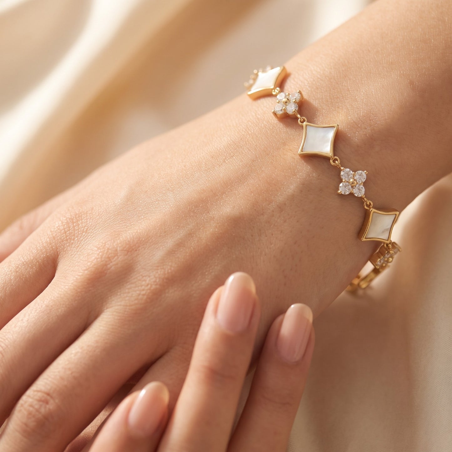Gold-Tone Bracelet with Mother-of-Pearl Style & CZ Floral Motifs