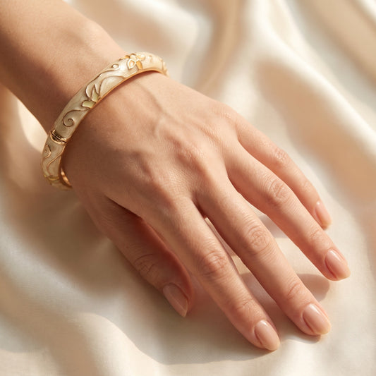 Cream & Gold Scrollwork Hinged Bangle Bracelet