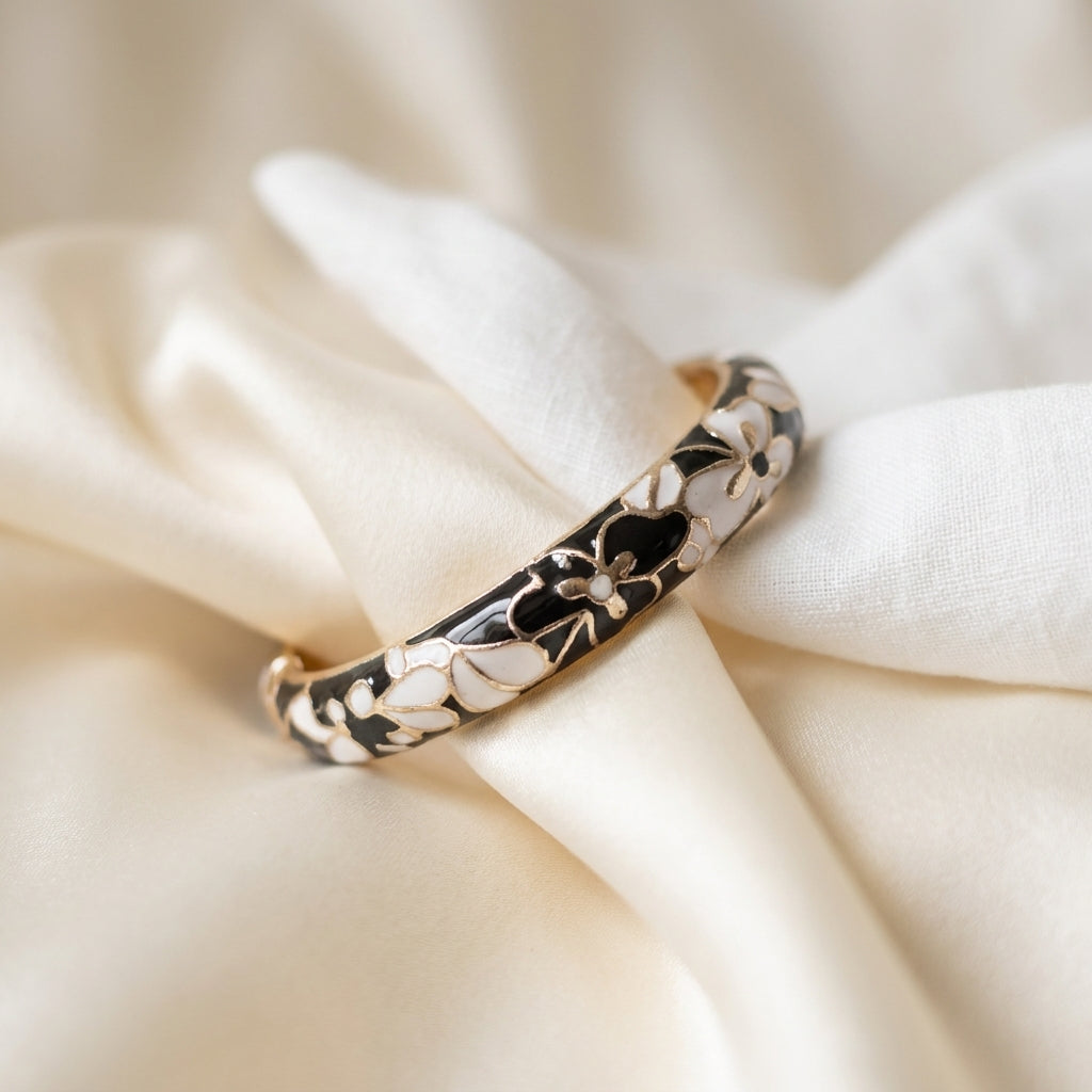 Elegant Black and White Floral Enamel Bangle Bracelet