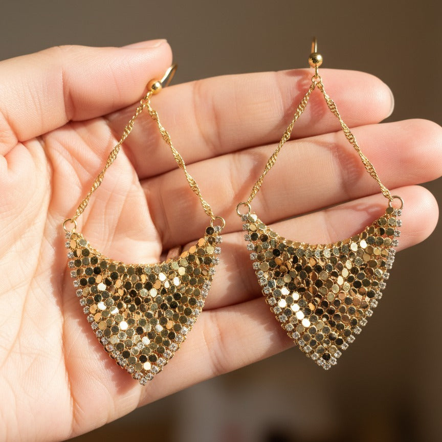 Dazzling Gold Sequin & Rhinestone Dangle Earrings - Statement Jewelry for Women