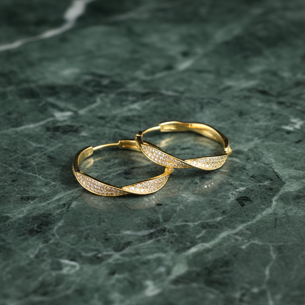 Twisting Pave Diamond Gold Hoops