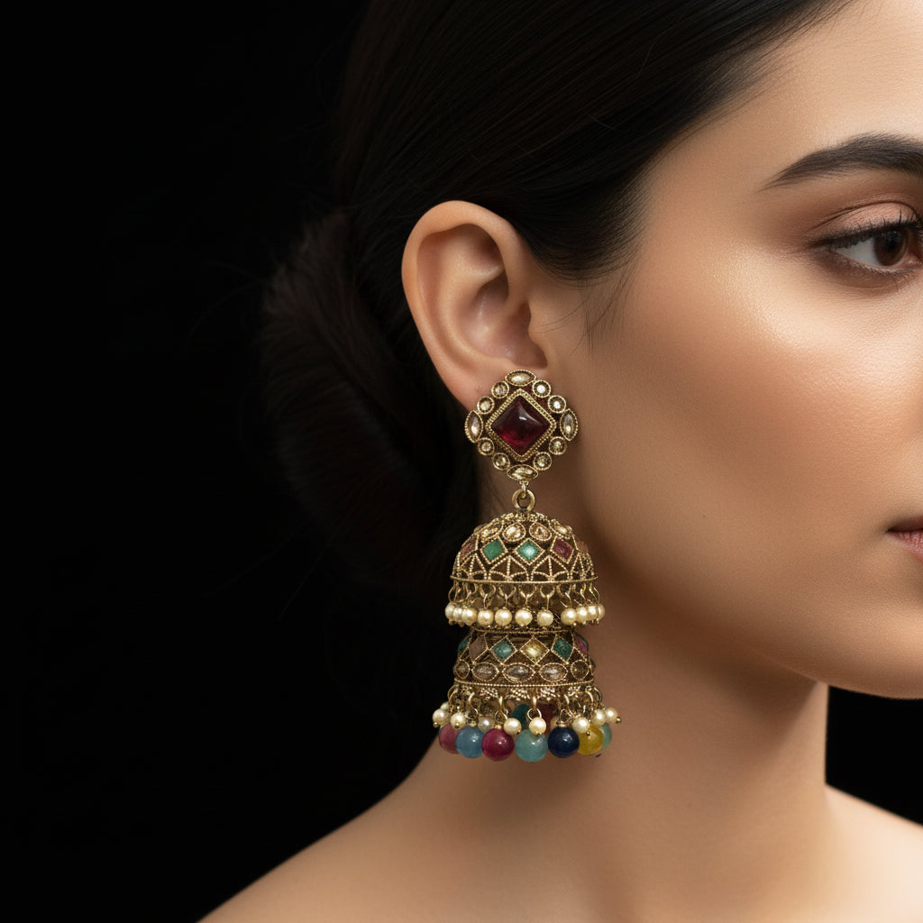 Ornate Multi-Gemstone Jhumka Earrings – Traditional Indian Gold-Tone Drop Earrings