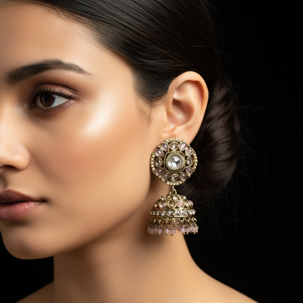 Royal Bloom Antique Jhumka Earrings with Pink Beads & Stones