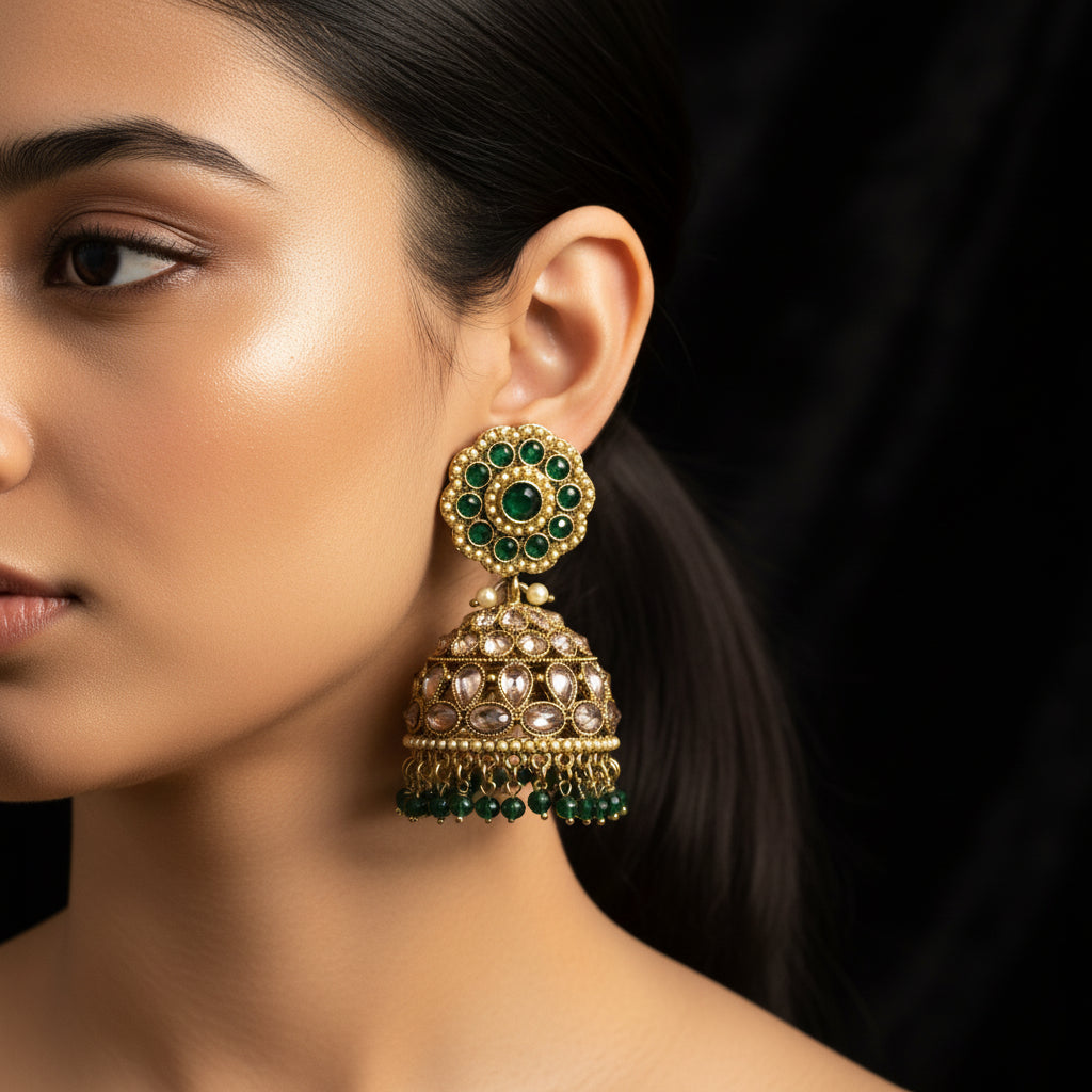 Emerald & Pearl Gold Plated Jhumka Earrings - Indian Traditional Jewelry