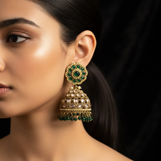 Emerald & Pearl Gold Plated Jhumka Earrings - Indian Traditional Jewelry