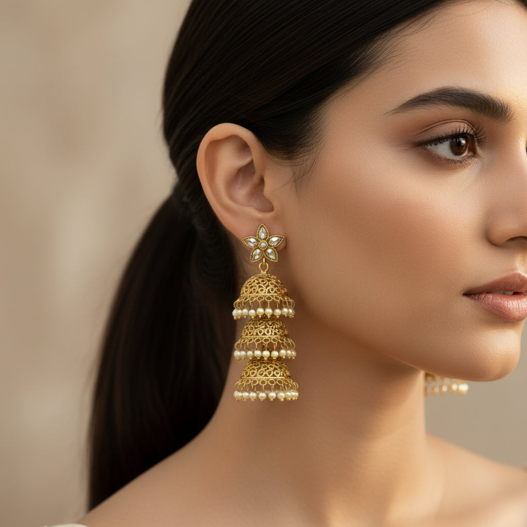 Gold-Plated Jhumka Earrings with Pearl Tiers & Floral Stud - Traditional Indian Jewelry