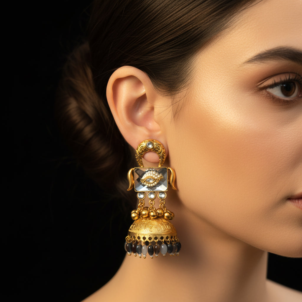 Ornate Gold-Plated Jhumka Earrings with Grey & White Beads – Traditional Indian Jewelry