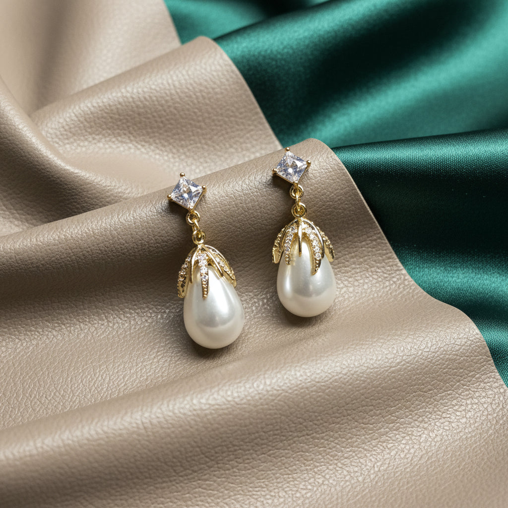 Elegant Gold-Plated Pearl Drop Earrings with Zircon Accents - Dainty & Chic
