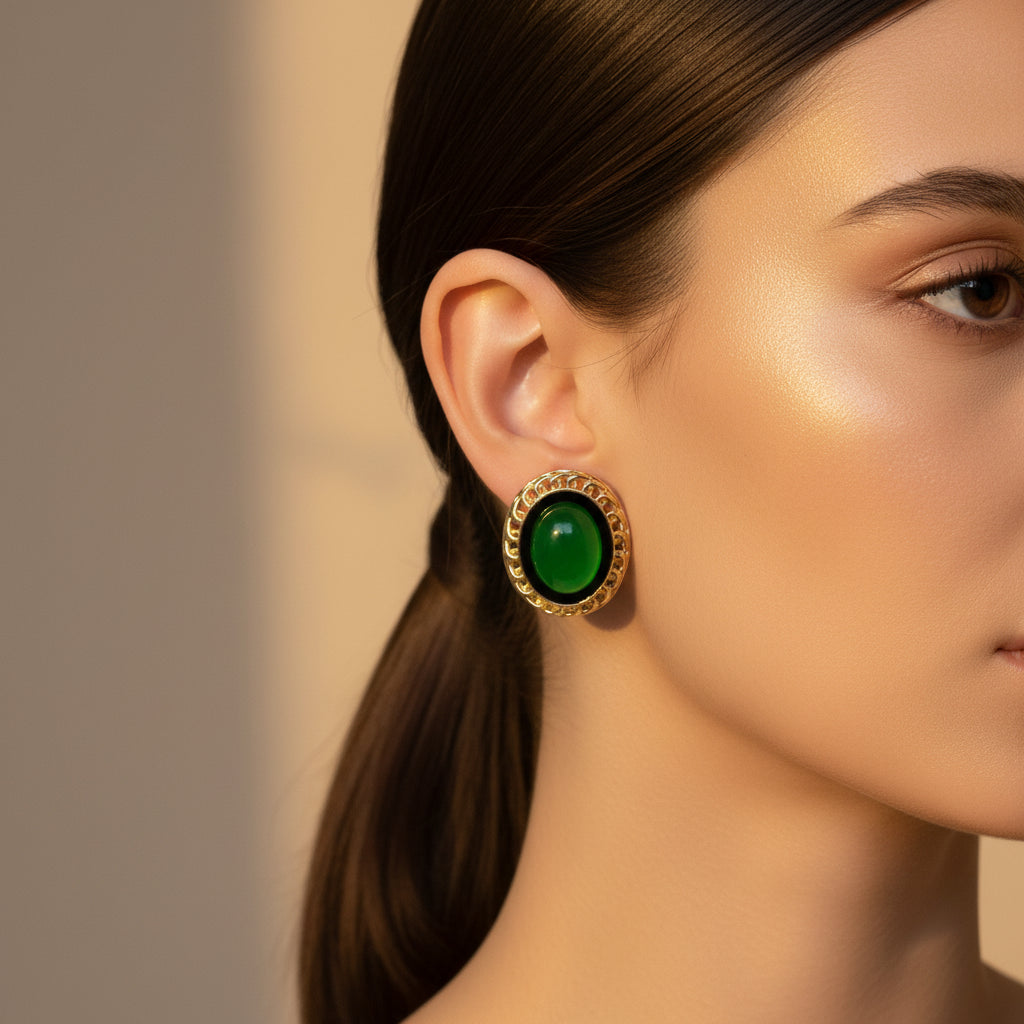 Emerald Isle Goldstone Clip-On Earrings – Vintage Cabochon Gemstone Statement Jewelry
