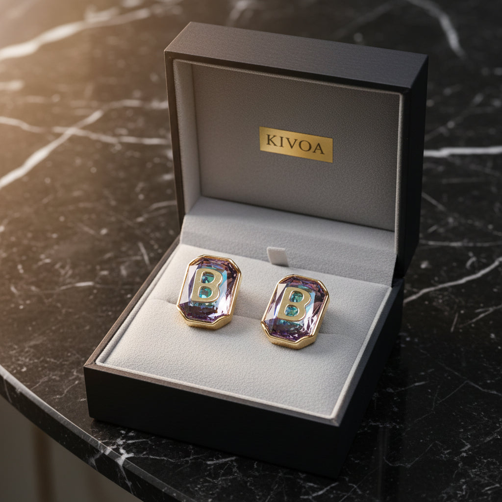 KIVOA Aurora Hexagon Cufflinks with "B" Initial – Iridescent Gemstone & Gold-Tone Elegance