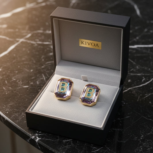 KIVOA Aurora Hexagon Cufflinks with "B" Initial – Iridescent Gemstone & Gold-Tone Elegance