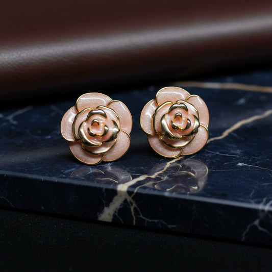 Romantic Blush Pink Enamel & Gold Rose Stud Earrings