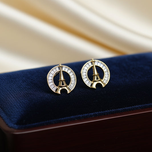 Eiffel Tower Stud Earrings - Gold Plated with Cubic Zirconia - Parisian Style Jewelry