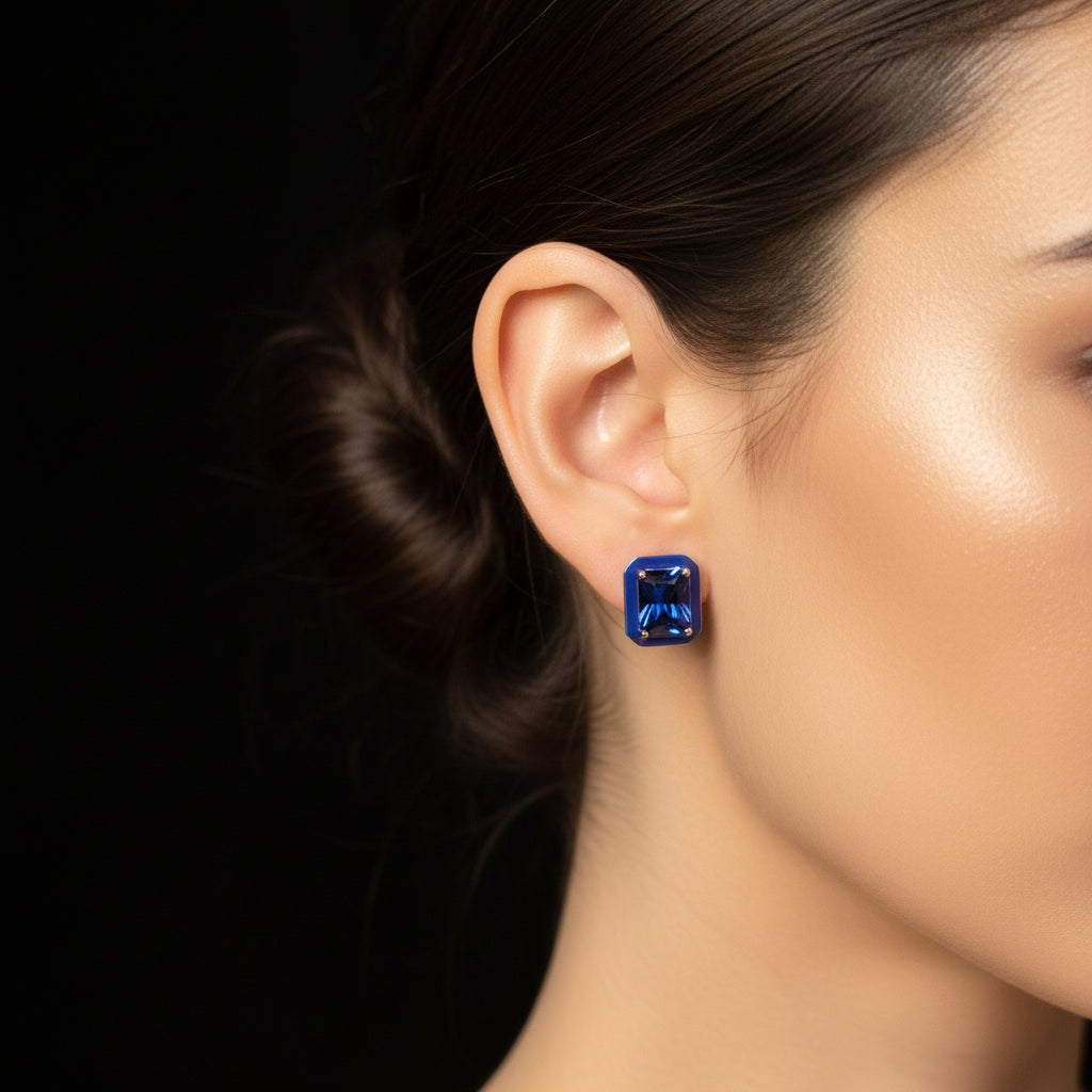 Deep Blue Emerald Cut Sapphire Stud Earrings in Sterling Silver