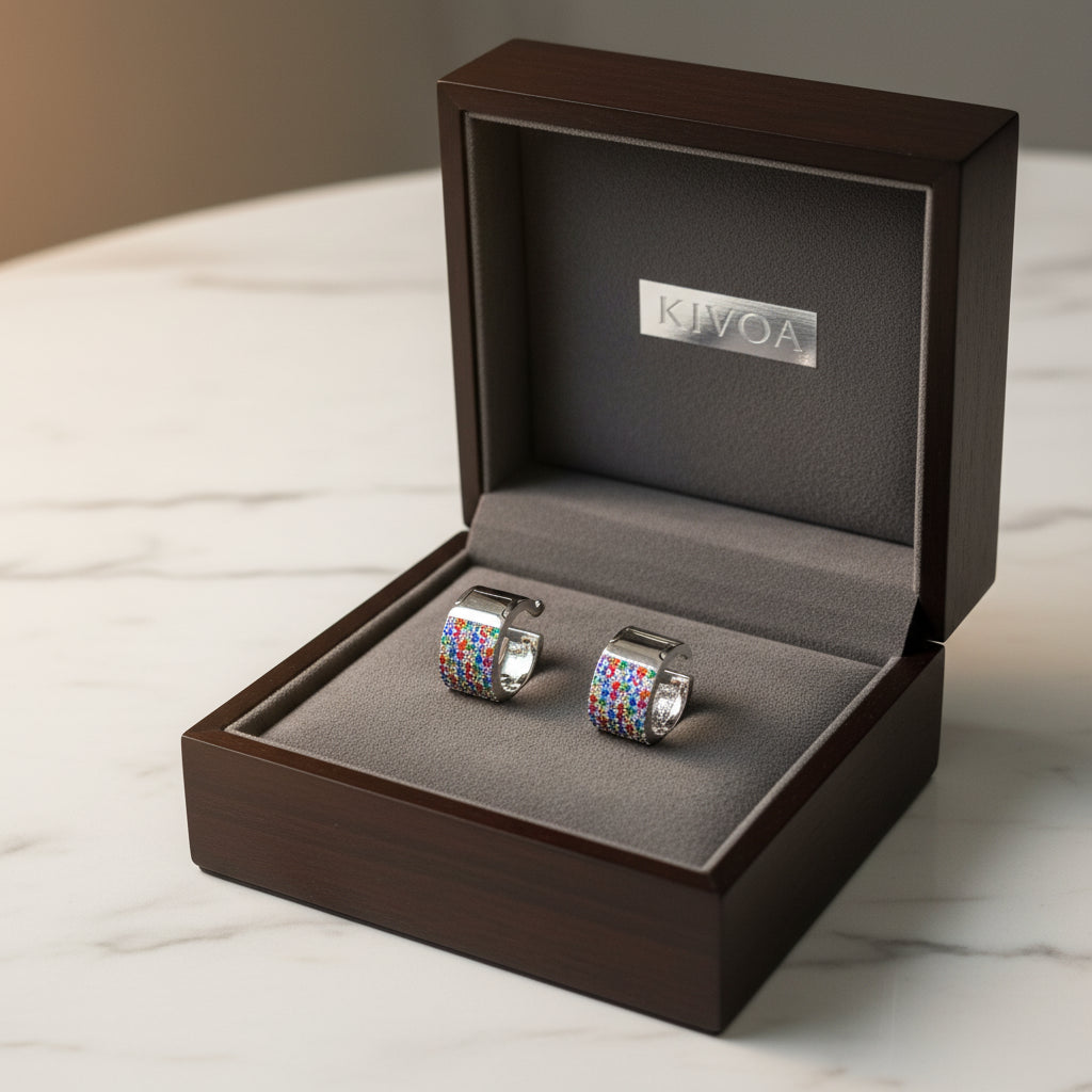 KIVOA Rainbow Gemstone Hoop Earrings - Sterling Silver Colorful Huggies for Women