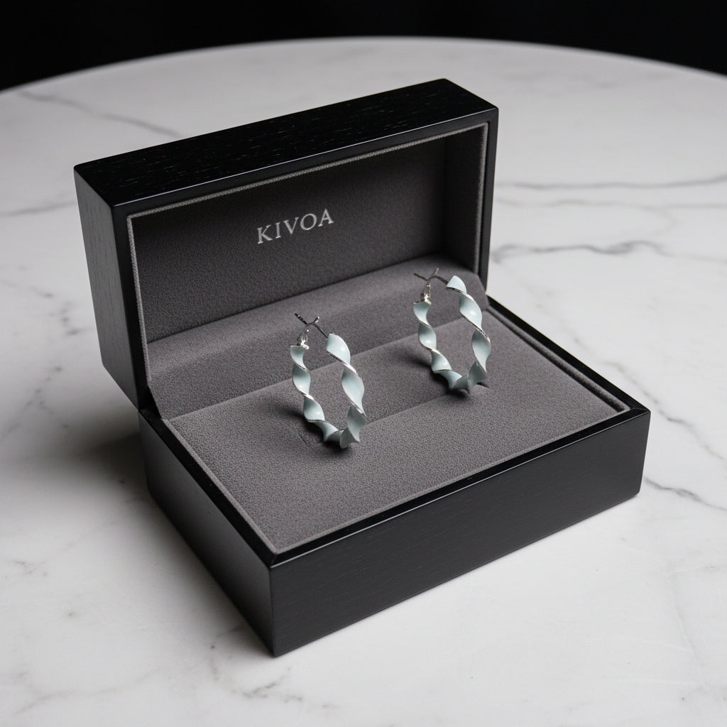KIVOA Wavy Hoop Earrings - Light Blue Enamel & Sterling Silver - Unique, Lightweight Statement Jewelry